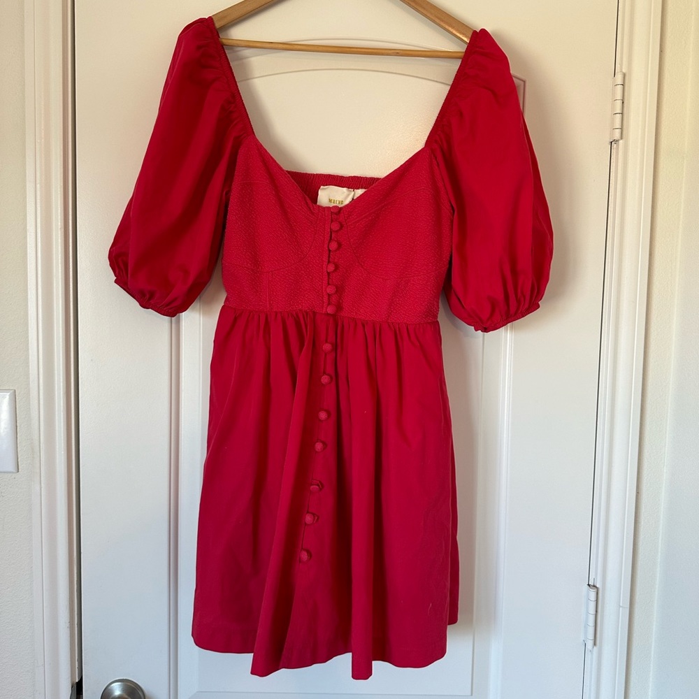 Anthropologie‎ Maeve Puff-Sleeved Sweetheart Mini Dress Red Size Medium